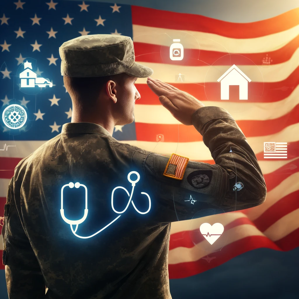 U.S. military veteran saluting with icons representing home loans, healthcare, education, and the American flag, symbolizing the benefits of a 100% Permanent and Total (P&T) VA disability rating